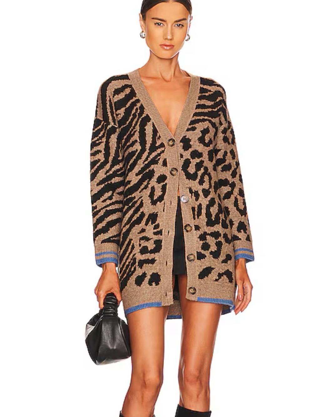 Heartloom Tan and Black Leopard-Blend Cardigan with Blue Trim